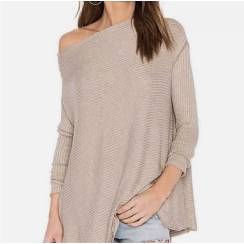 Free‎ People Women's M Tunic Top Lovers Rib Split Back Cowl Neck Mushroom Taupe